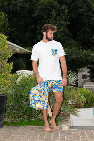 Herren-Boxershorts mit Seitentaschen, Capri-Blau-Muster